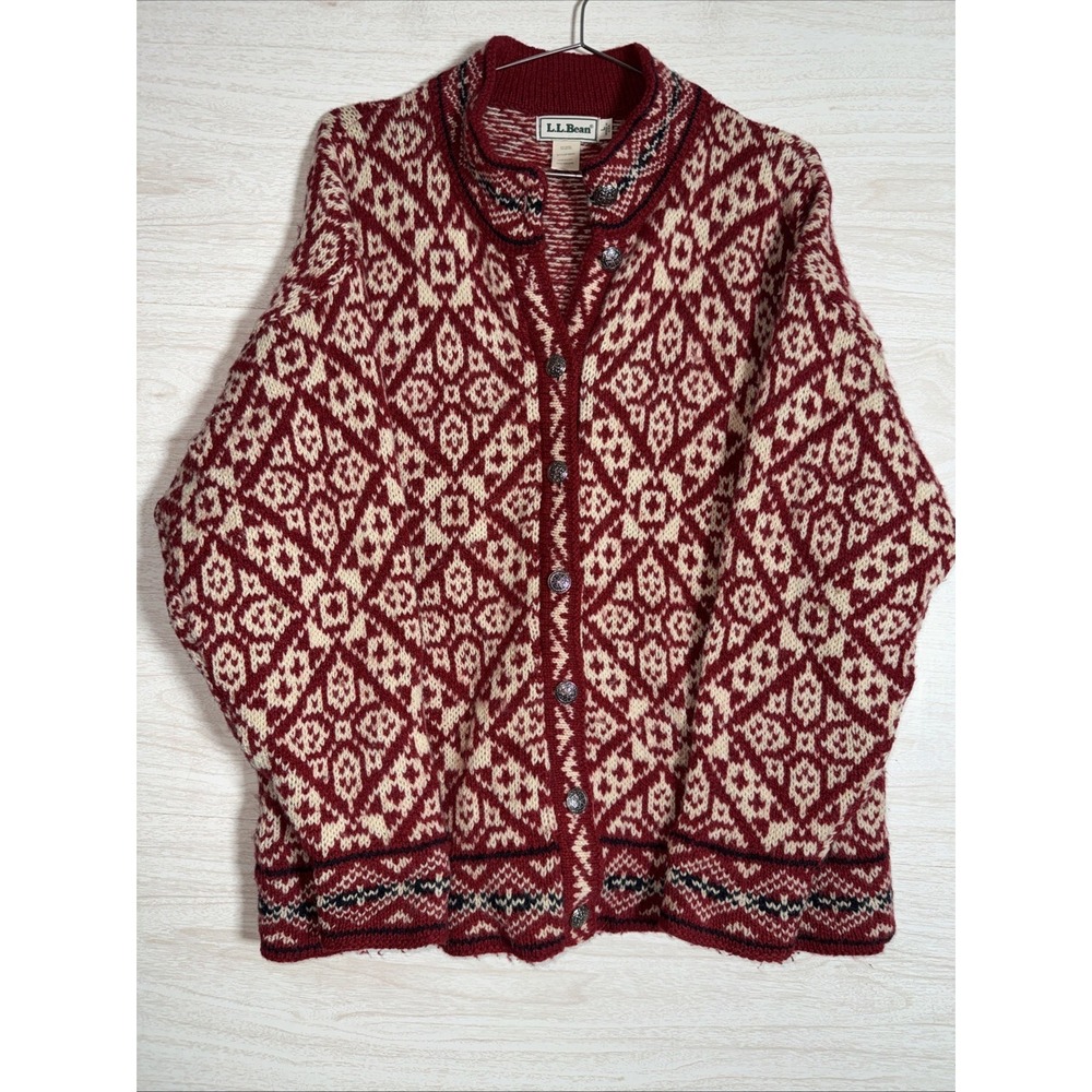LL BEAN Wool Nylon Red White Button Cardigan Casual Cardigan Vintage Made USA Lg